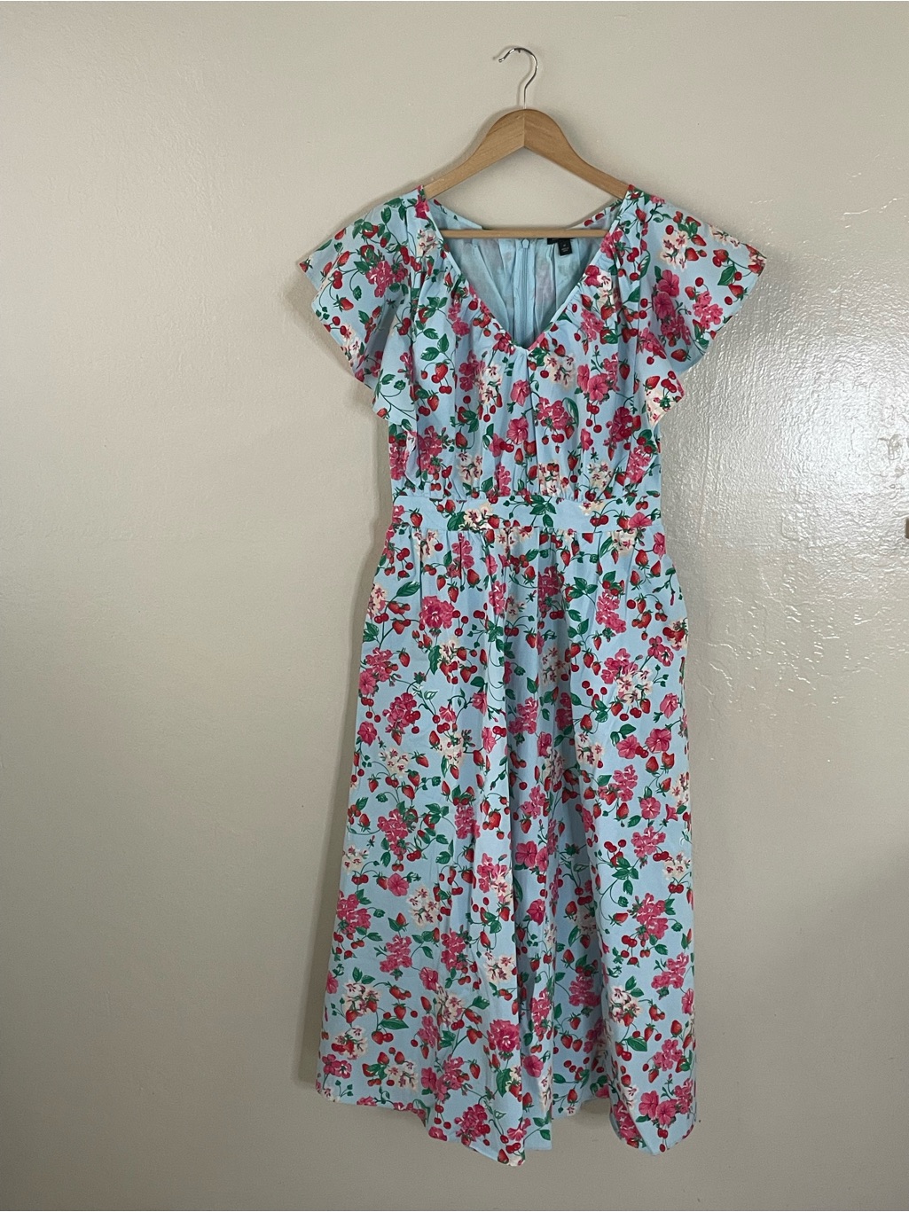 Ann Tylor Blue Strawberry Floral Print Ruffle Midi Dress